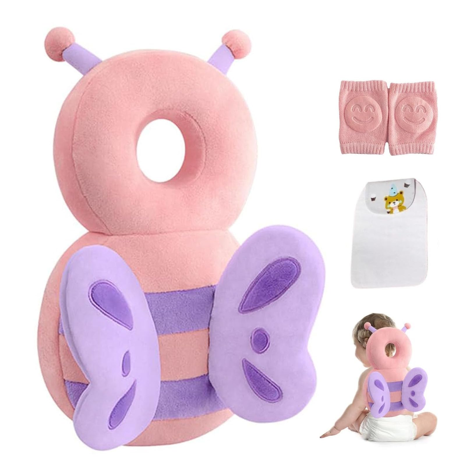 Baby Head Protector Backpack Adjustable Baby Head Protection Backpack with Baby Knee Pads for Walking & Crawling Soft Breathable and Wearing Safety Baby Head Protector - Pink Butterfly - Snugsy Baby