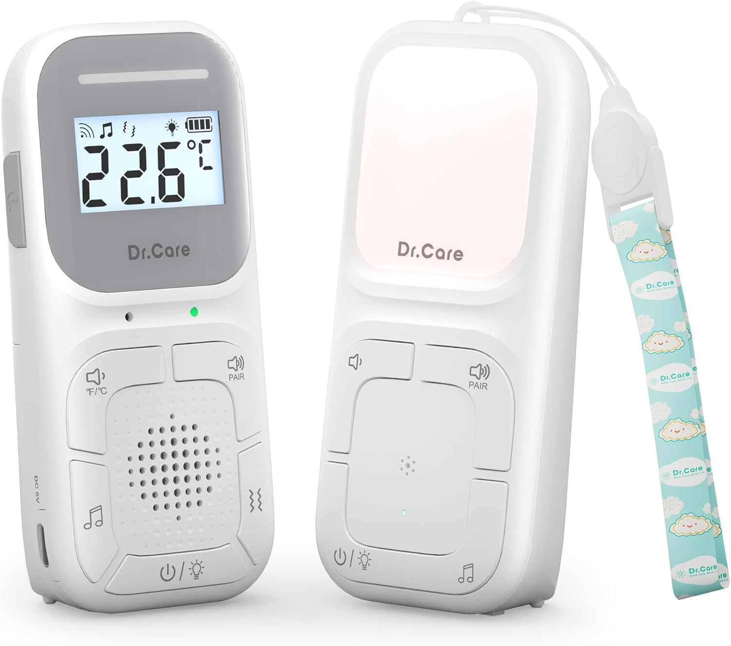 Dr.Care NeoGo Portable Baby Audio Monitor and Sound Machine | Baby Sleep Soother | Travel | Registry Gift with 1000ft Range Two - Way Talk VOX Nightlight 8 Lullabies and Vibrating Sound Alert - Snugsy Baby