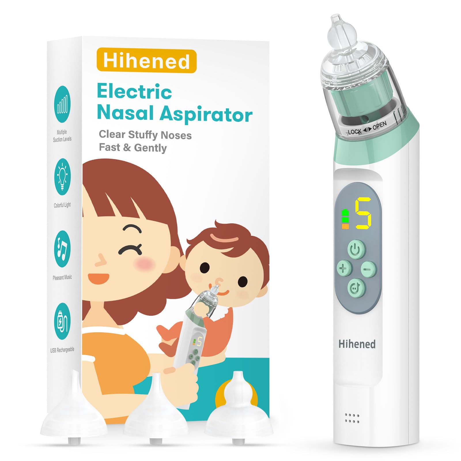 Electric Nasal Aspirator for Baby Nose Aspirator for Toddlers Waterproof Baby Nose Sucker Nose Cleaner with 3 Silicone Tips Adjustable Suction Level Music and Light Soothing FunctionGreen - Snugsy Baby