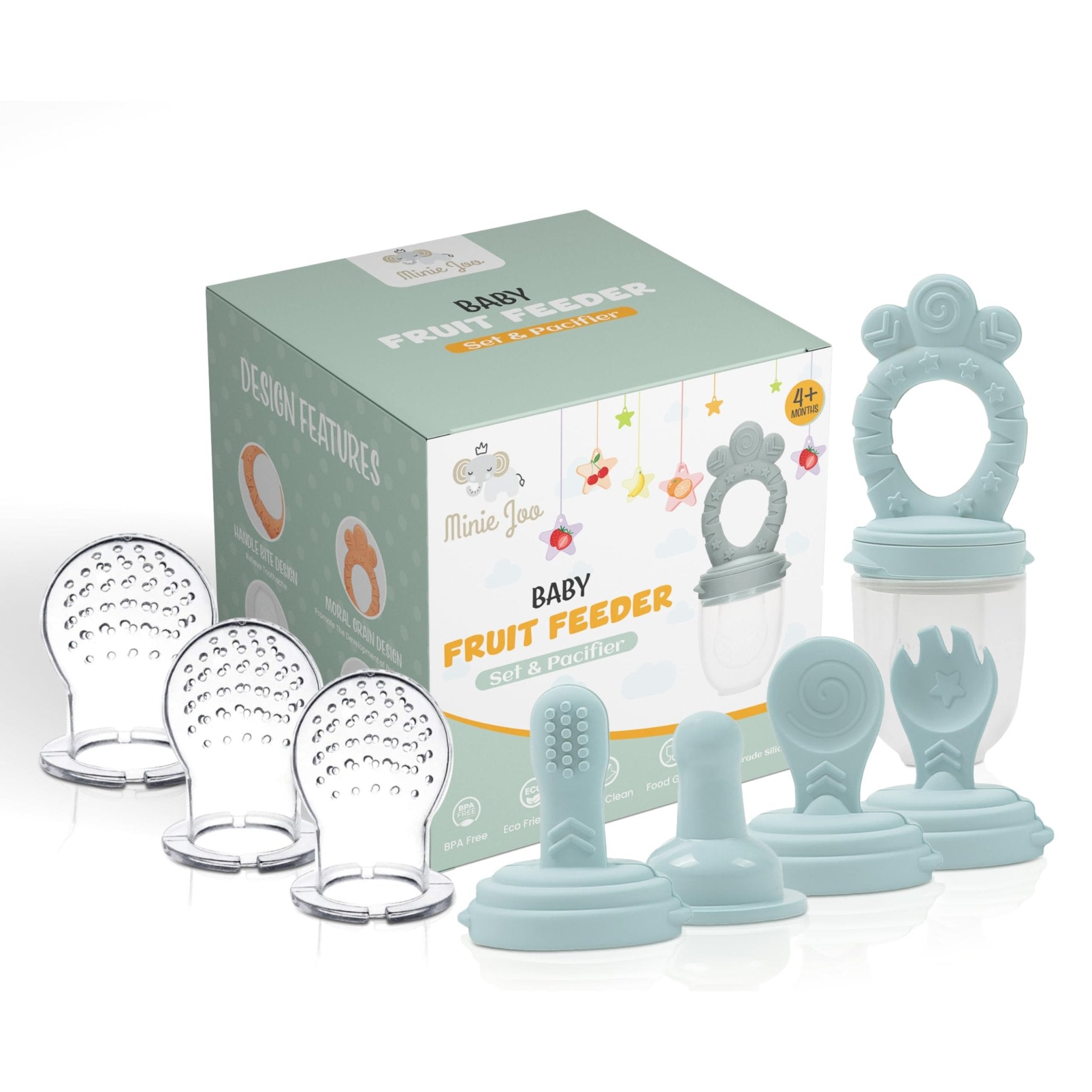 Minie Joo 7 - in - 1 Baby Food Fruit Feeder with 3 Size Pacifier Pouches & Interchangeable Heads | Breastmilk Popsicles Teether | Multi - Function Infant Teething Toy & Soother | Complete Self - Feeding Set - Snugsy Baby