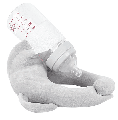 Sipee Sip hands-free feeding pillow in grey supporting a baby bottle