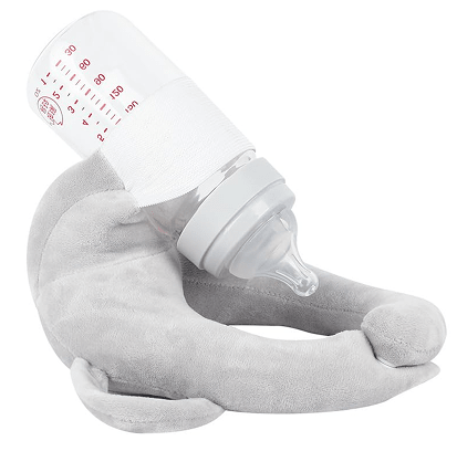 Sipee Sip hands-free feeding pillow in grey supporting a baby bottle